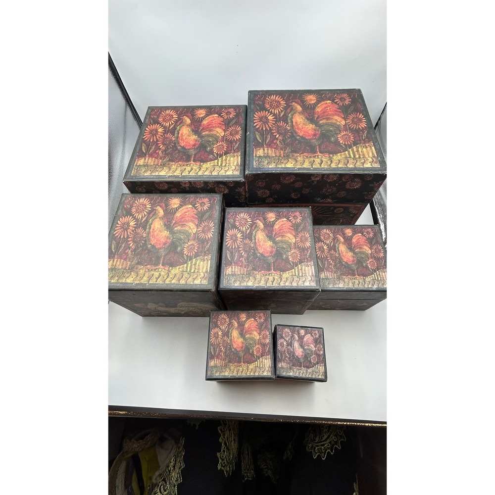 Complete Set of 7 Susan Winget Rise & Shine Rooster Nesting Stacking Bobs Boxes